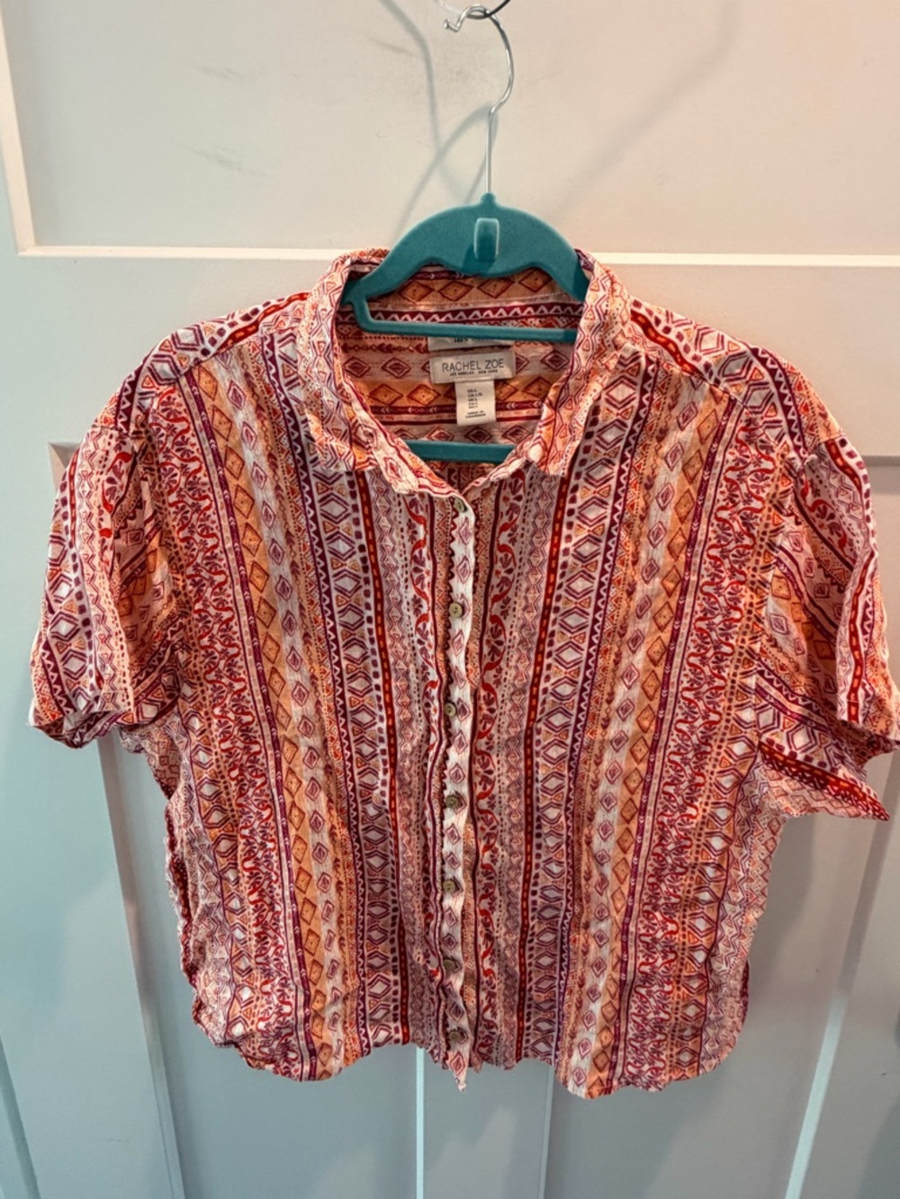 Rachel Zoe Linen Blouse L Boho Tribal Print Button Front Lightweight Summer Top